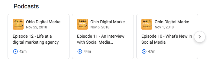 Ohio Digital Marketer podcasts showing up in Google Search results.