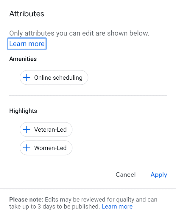 Attributes in Google My Business