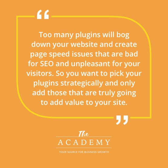 Too many plugins will bog down your website and create page speed issues that are bad for SEO and unpleasant for your visitors.